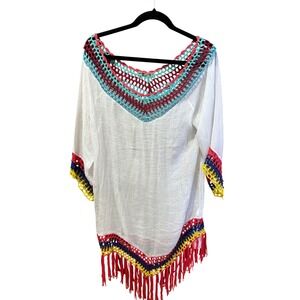 Cupshe Womens White Crochet Fringe Swim Cover Up Dress Boho Tunic V-Neck Multi